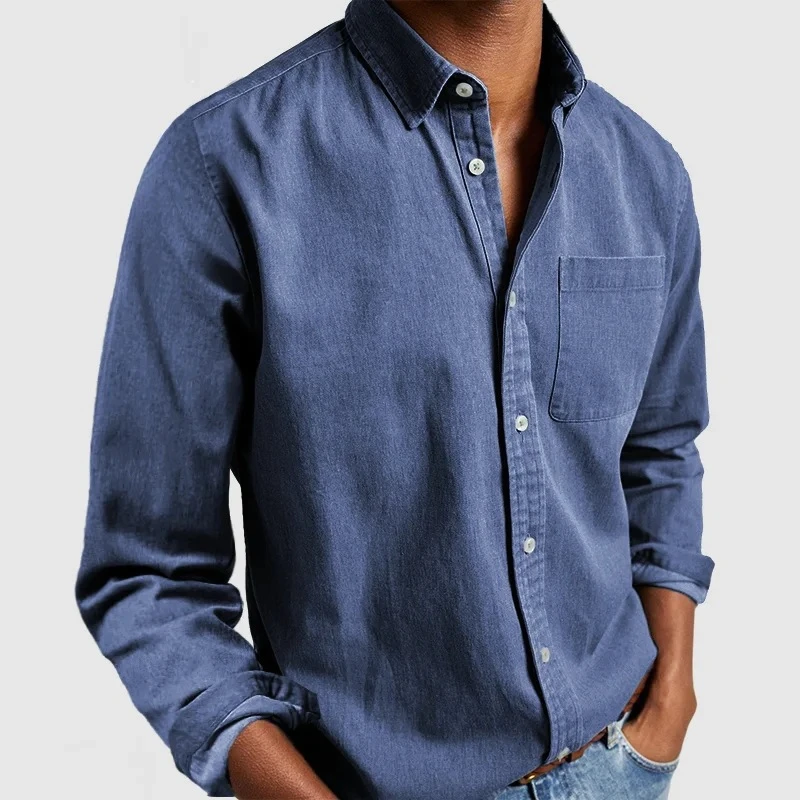 

2024 new men's sky blue shirt new lapel long sleeved spring and autumn men's solid color shirt