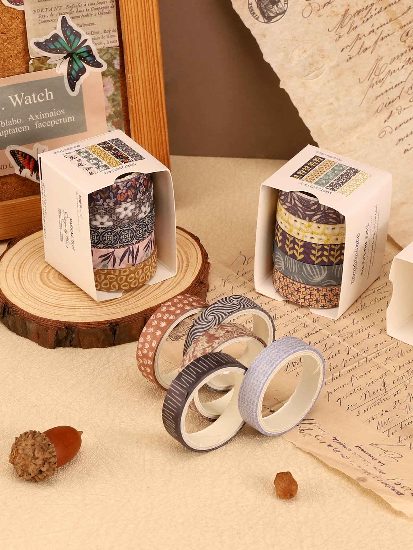 5 Rolls/Box Retro Botanical Washi Tape Set Leaf Flower Wave Geometric Print Masking Tape for Journaling Scrapbook Planner Decor