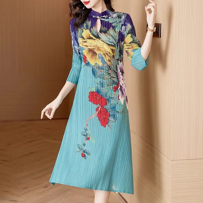 New Peony Print Chinese Style Dress Stand Up Collar Pan Button 3/4 Sleeve Fold Improvement Qipao Dress For Women Vestidos Z4293