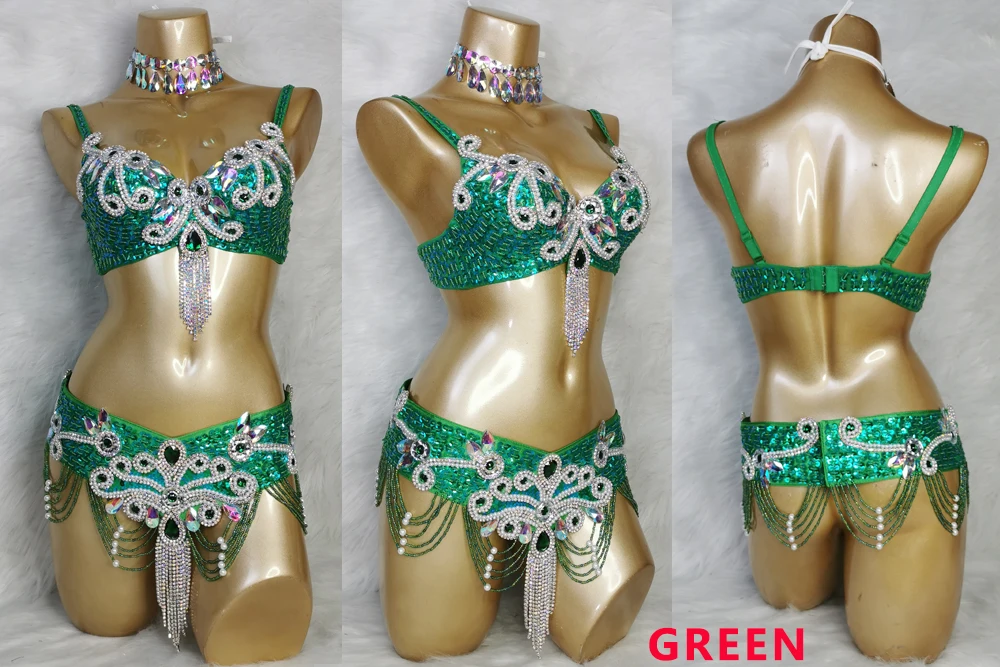 sexy Crystal Belly Dance Costume Wear Bar+Belt 2pc Set Ladies Bellydancing Costumes Carnival Samba show bikini women gogo costum