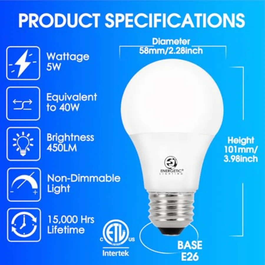 40W Equivalent, A19 LED Light Bulb,,E26 Standard Base, Non-Dimmable, 5W 450lm, ETL Listed, 8 Packs