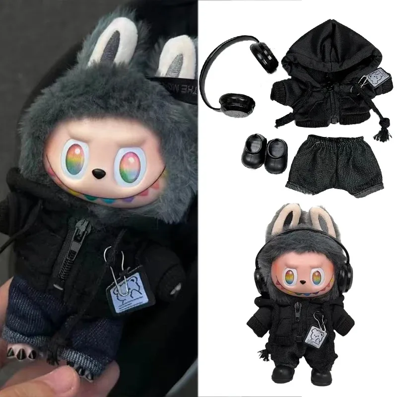 

15 17cm For Labubu Doll Cool Black Zipper Bear Hoodie Outfit Clothing Shoes Headset Set Clothes Accessories Sitting Party Series