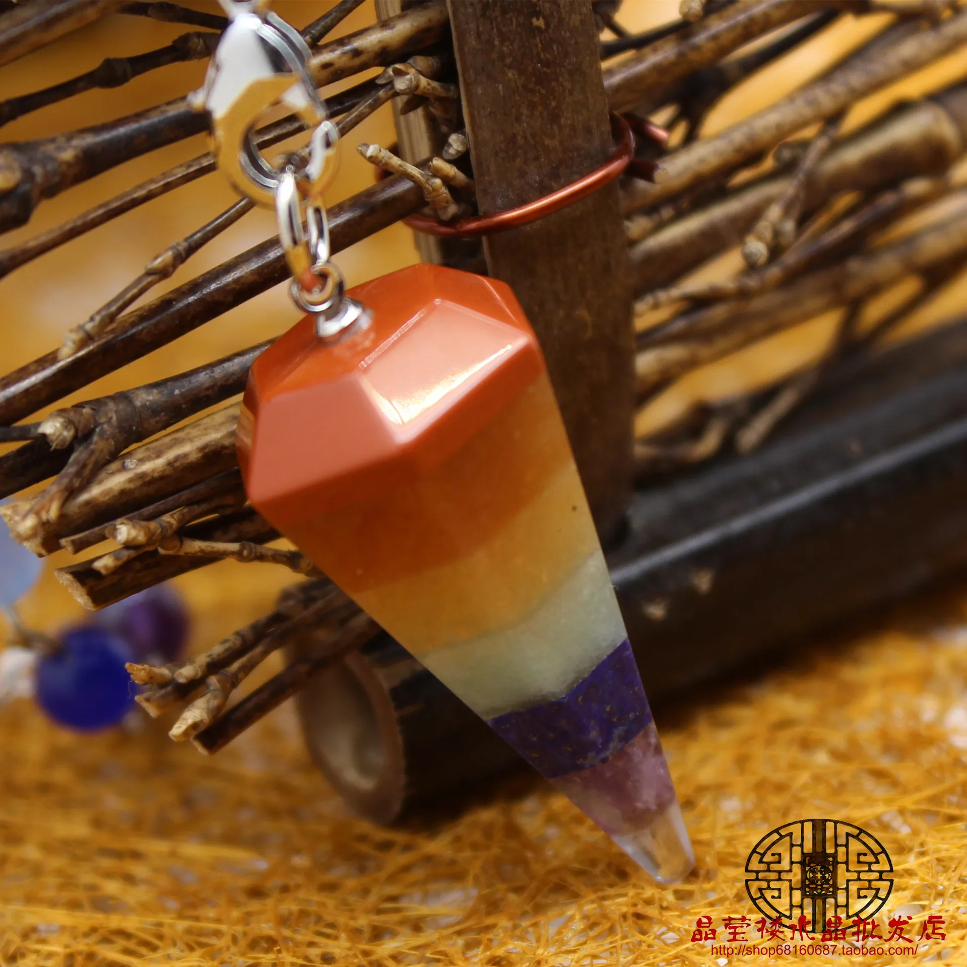 Polly Jewelry Natural stone Hexagonal cone Rainbow Senven Chakras Pendulum Pendant,Meditation Charm For women