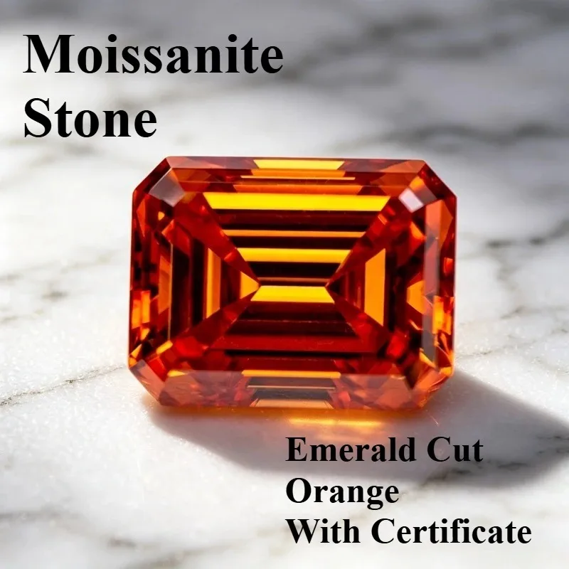 

Moissanite Stone Emerald Cut Orange Color Lab Grown Gemstone for DIY Jewelry Making Materials Pass Diamond Test with Certificate