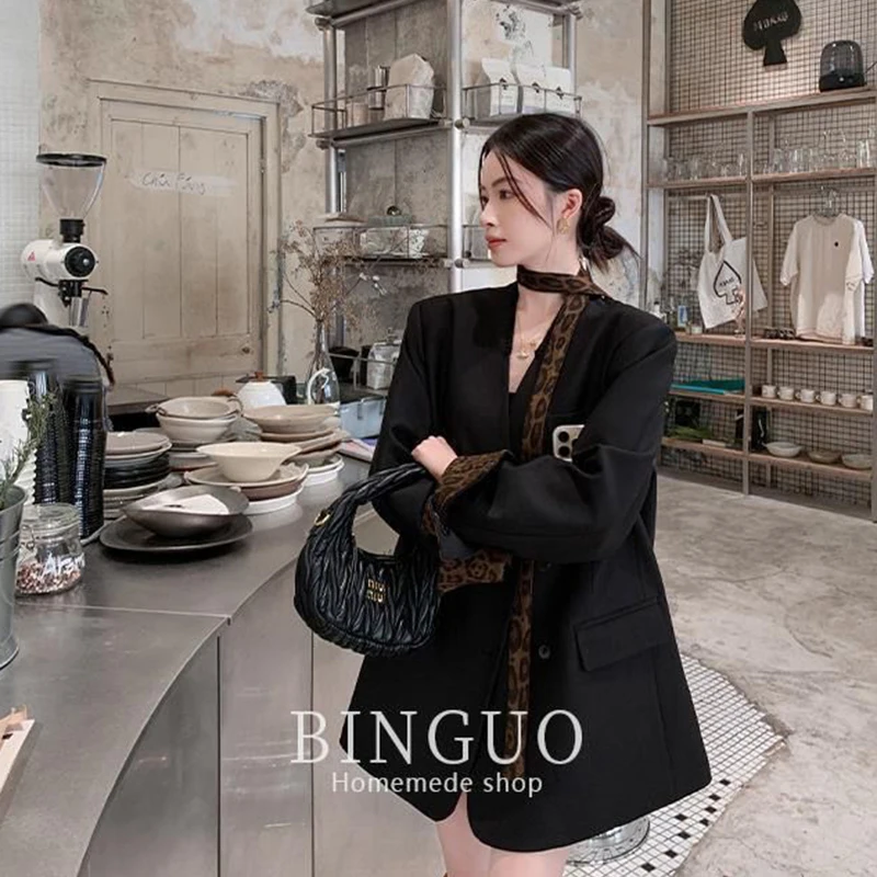 Luipaardprint Tie Neck Blazer Dames Zwart Los Casual Patchwork Jas Lange Mouw Koreaanse Single Breasted Office Lady Jas