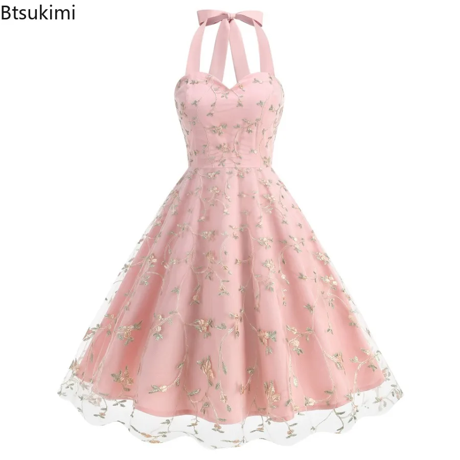

Women's Sleeveless Embroidery Mesh Short Prom Halter Casual Dress Elegant Retro Vintage A Line Pinup Swing Evening Dress 50s New