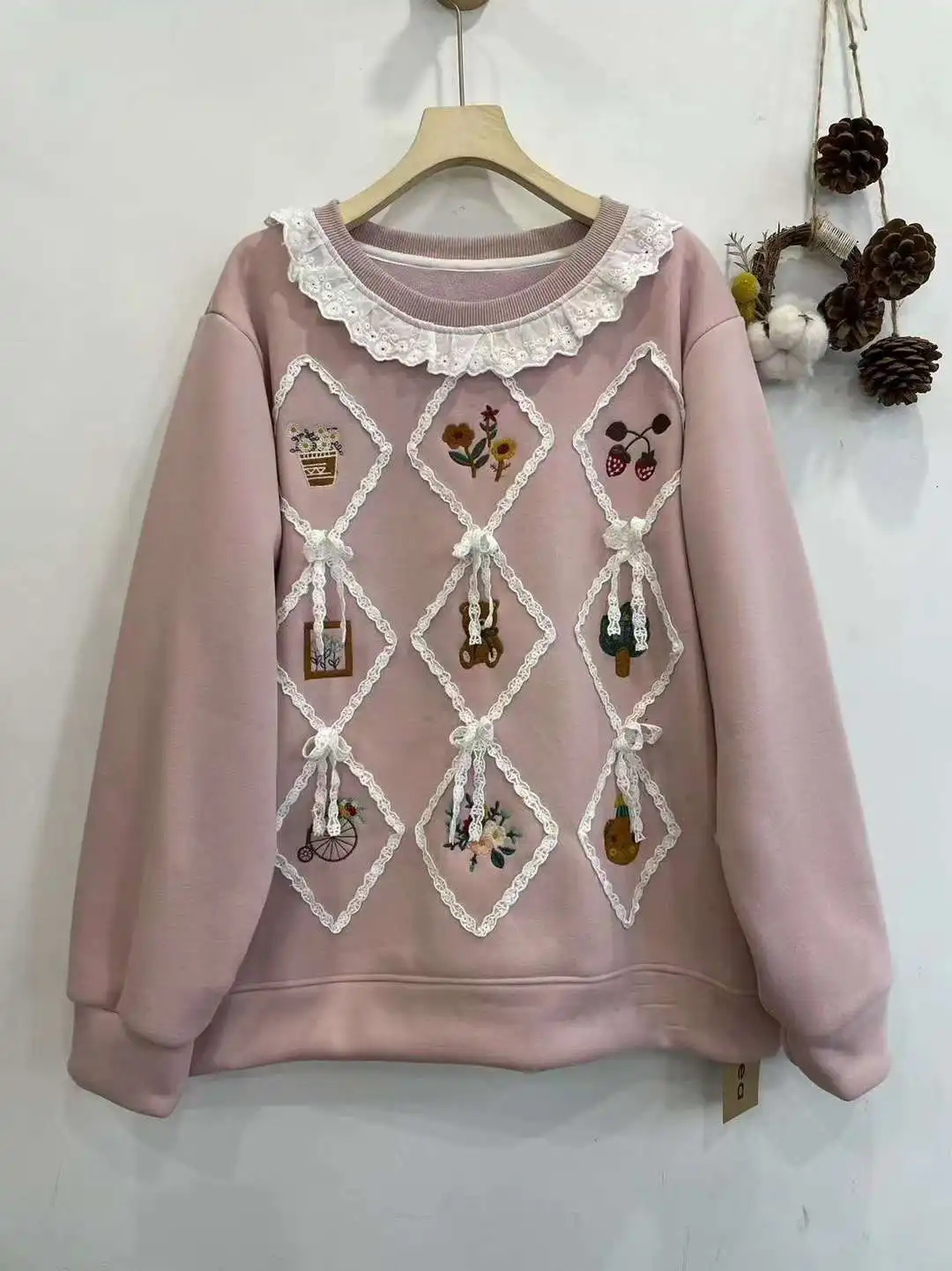 Mori girl kawaii sweatshirt Japan style lace patchwork cartoon embroidery long sleeve tops women pullover cute clothes