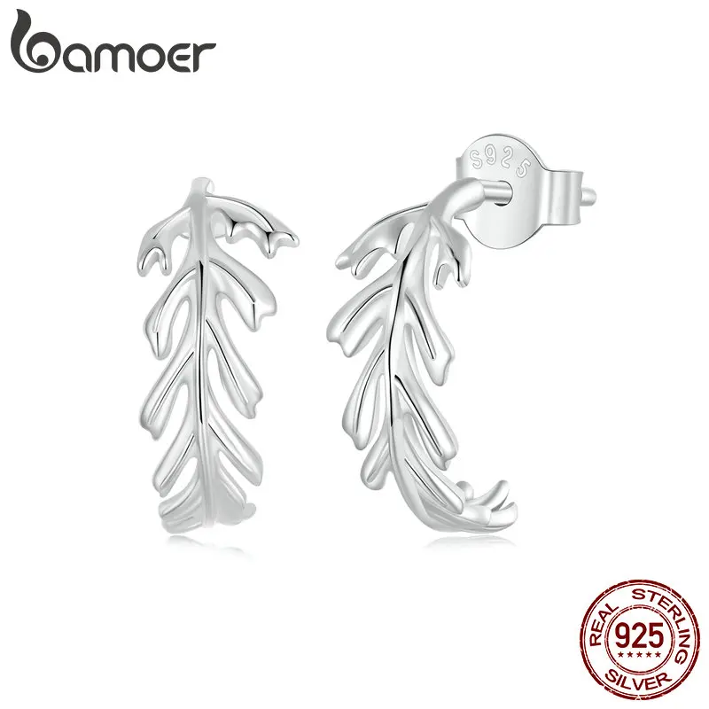 BAMOER Solid 925 Sterling Silver Dainty Leaf Stud Earrings - Hypoallergenic Minimalist Cute Huggie Studs for Women SCE1791