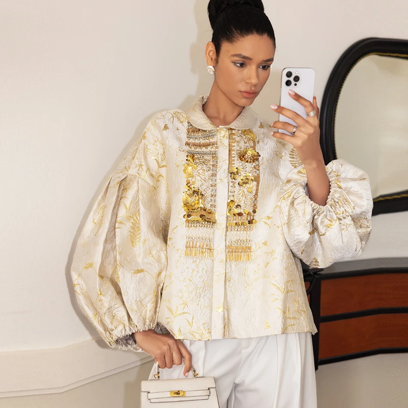 

Rare Antique Handmade Heavy Work Gold Lantern Sleeve Jacket Silk Women's Premium Art Collection Fashionable Autumn Outerwear