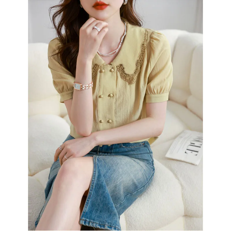 Women\'s 2024 New Summer Solid Color Button Lace Lapel Casual Versatile Fashion Commuter Loose Short Puff Sleeve Shirt Tops