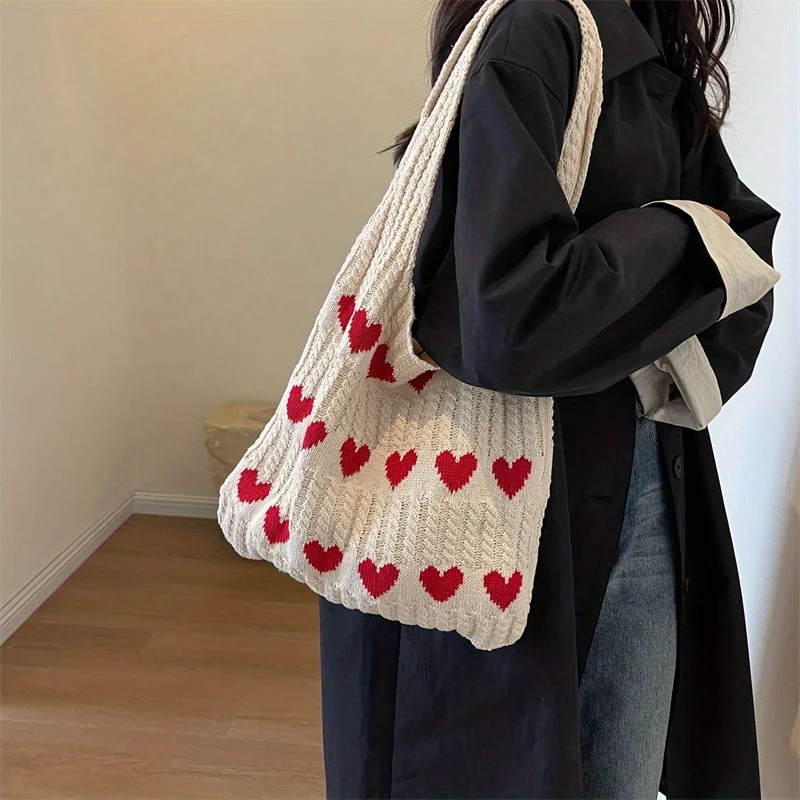 

Love Heart Pattern Crochet Shoulder Bag, Knitted Tote Bag, Sweet Woven Handbag For Women
