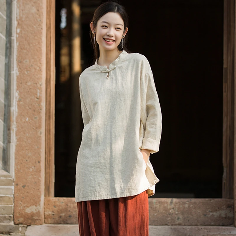 

Chinese Style Long Sleeve Cotton Linen T-shirts New Arrival 2025 Spring Vintage Plain Color Loose Female Casual Tops Tees M664