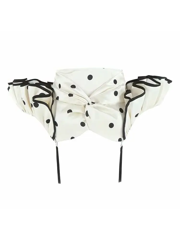 

HH Woman Sexy Black White Polka Dots Backless Decoration Short Top Female Spring Strapless Pleated Sling Ruffled Edge Retro Top