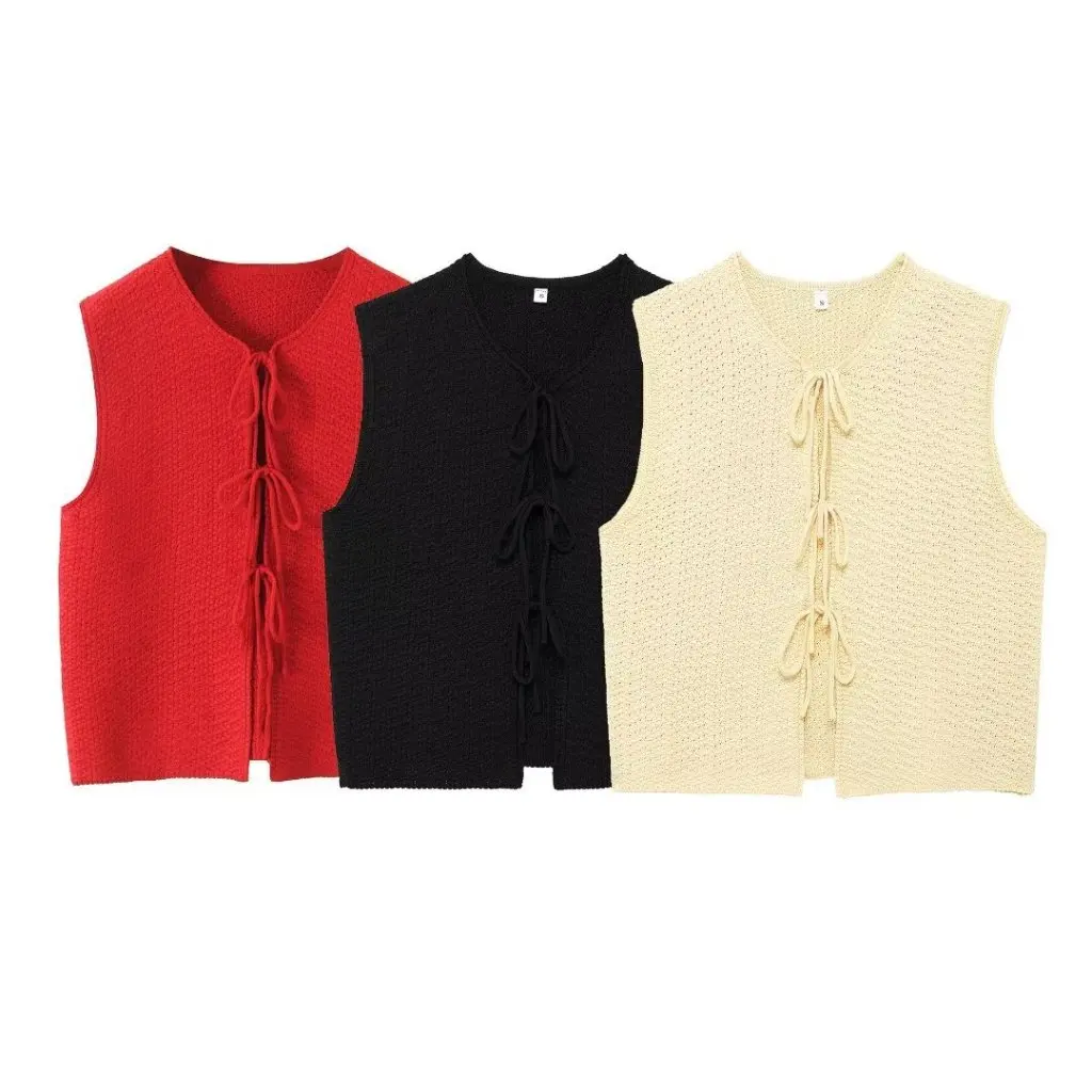 

Autumn Women's Bow Lace V-neck Sleeveless Knitted Vest European And American Style Loose Fit A35188