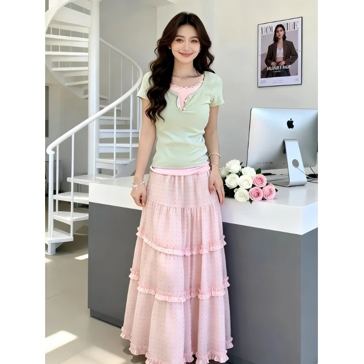 

Unique Beautiful Korean Style Summer Beach Vacation Gentle Two-Piece Set Top Half-Skirt Combo Breathable Casual Fashion