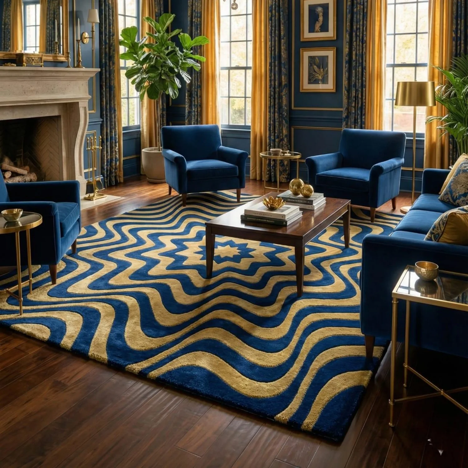 Room Decor Rug  Navy Blue Gold Wavy Wool Area Rug  Starburst Abstract H1and Tufted Carpet