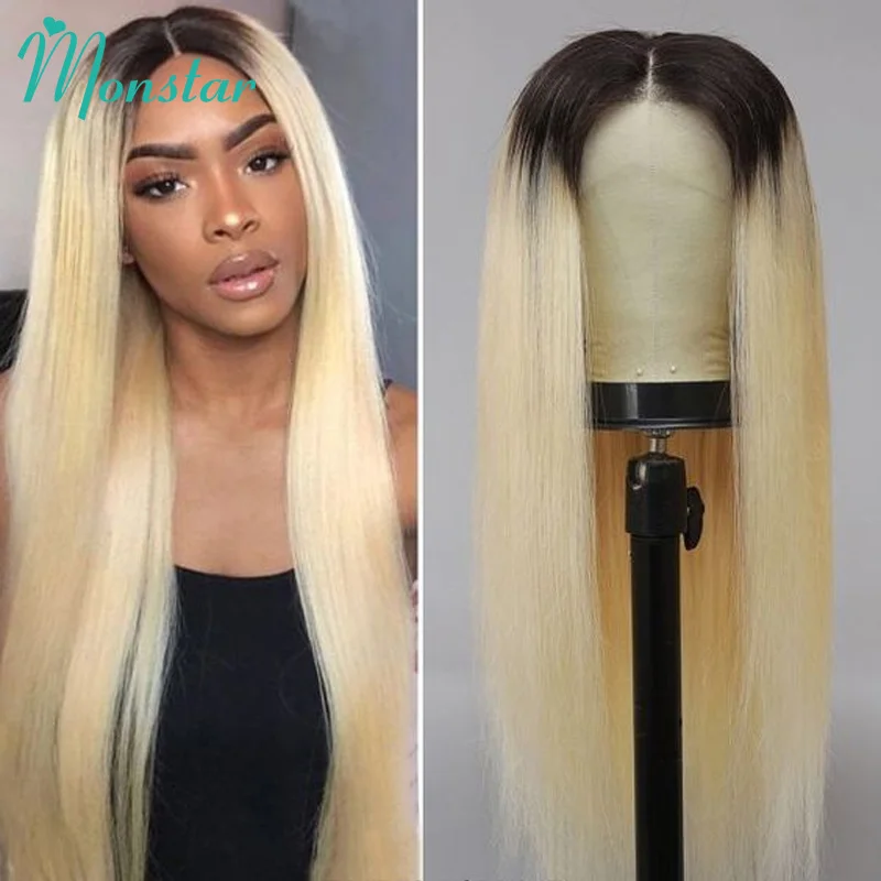 13x6 Lace Frontal Wig Brazilian Straight Full Lace Human Hair Wig 2 Tone Dark Root 1B 613 Ombre Blonde Lace Front Wigs for Women