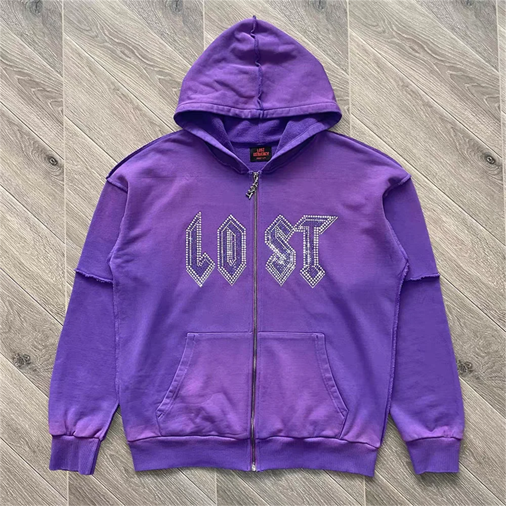 

Purple Washed Lost intricacy Set With Diamonds Rhinestone Zip Up Hoodie Men Women 1:1 High Quality Streetwear Hooded