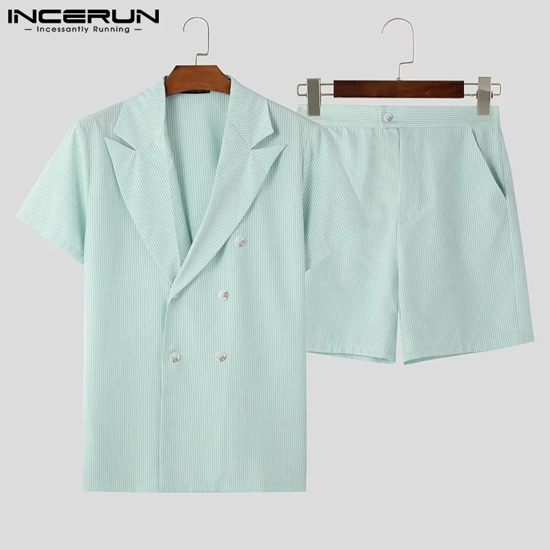 패션 INCERUN 여름 남성 세트 짧은 소매 정장 반바지 스트라이프 투피스 정장 남성 의류 옷깃 streetwear