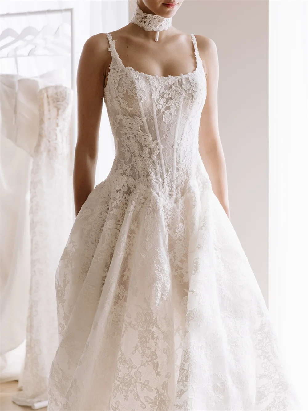 Tokyo Spaghetti Strap Lace Wedding Dress Corset Bodice Bridal Gown Vintage Floral Jacquard Church Wedding Evening Prom Dress
