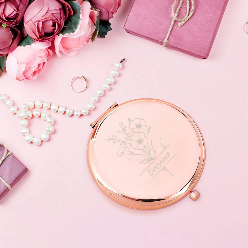 1pc Lovely flower Custom Text Mirror With Name Round Circle Mirror Makeup Mirror Folding Mirror Wedding Party Gifts
