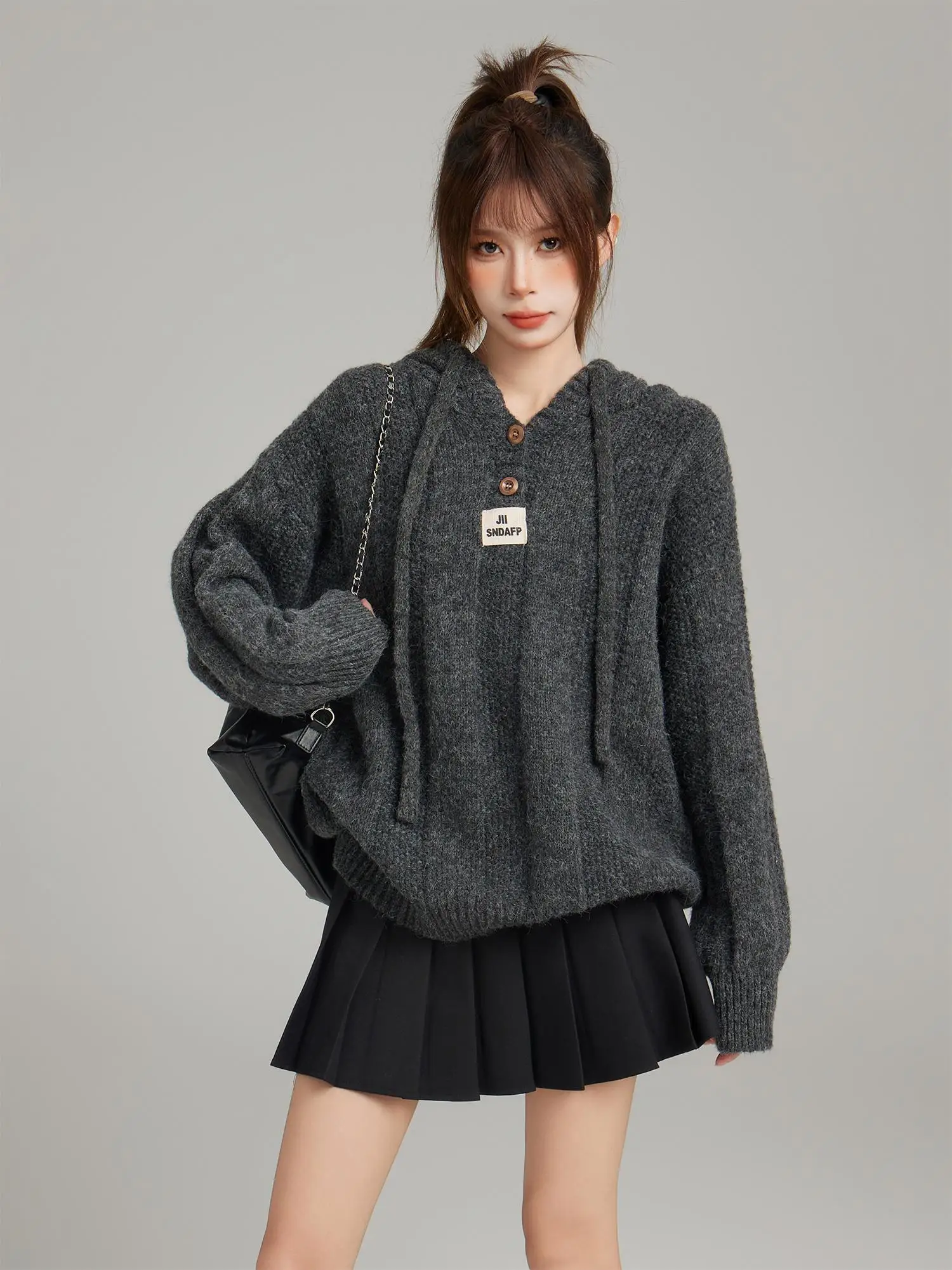 アメリカンスルールーズティエンドニットウールセーター女性用秋冬カジュアル帽子スウェット着やすいアウターウェア