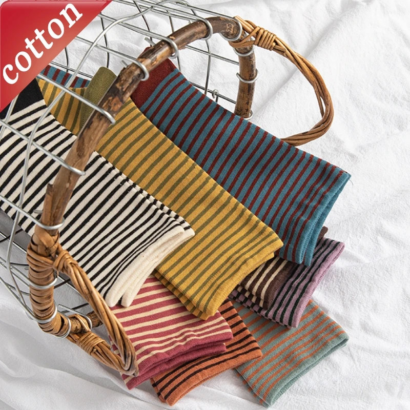 

5 Pairs Women's Socks Set Korean Striped Simple Versatile Contrasting Color Mid Tube Sock Comfortable Cotton Pile Socks For Girl