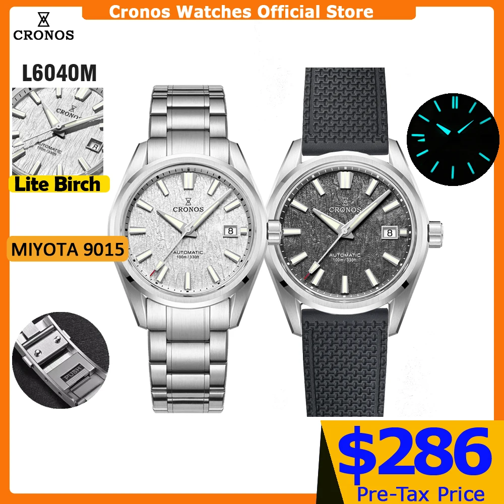 Cronos Men Watch 39mm Automatic Miyota 9015 Movement Wristwatches White Dial Birch Pattern Solid Links Sapphire 10 ATM L6040M