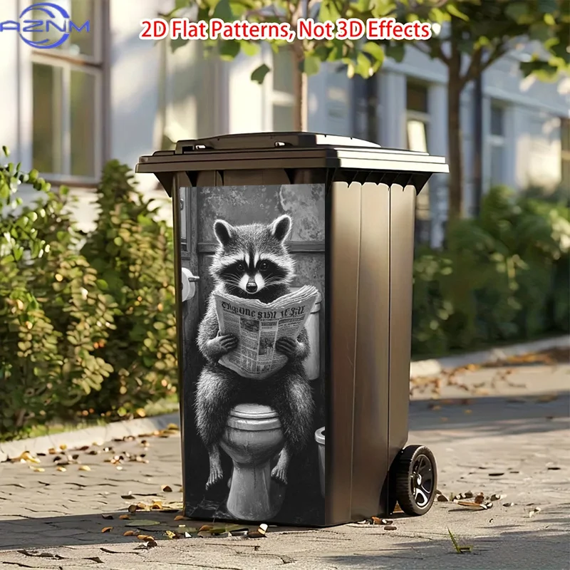 Raccoon Browsing Newspaper Trash Can Sticker | Classic High-Glossy Polyvinyl Decal, Self-Adhesive, Single Use, 12.2X27.5In