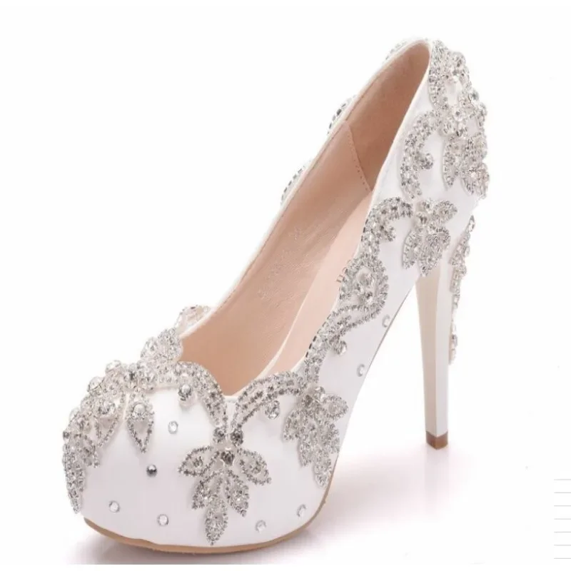 Women Office Lady Pumps Pointed Toe Rhinestone Slip-On PU 14CM Thin Heels Dance Female Korean Style Women Shoes White