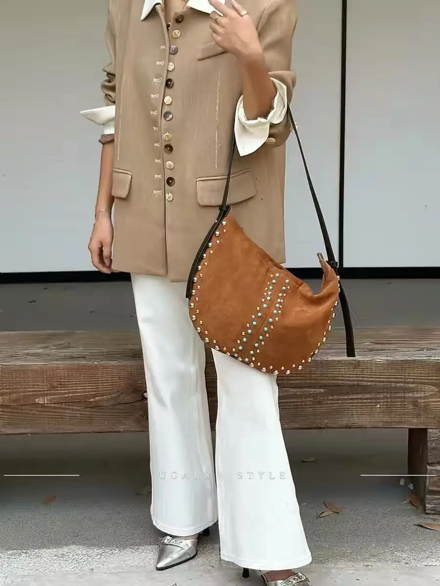 

Fashion Rivet Velvet Half Moon Bag High Quality Luxury Women Handbag Large Capacity Casual Bag Female Shoulder Messenger Bag