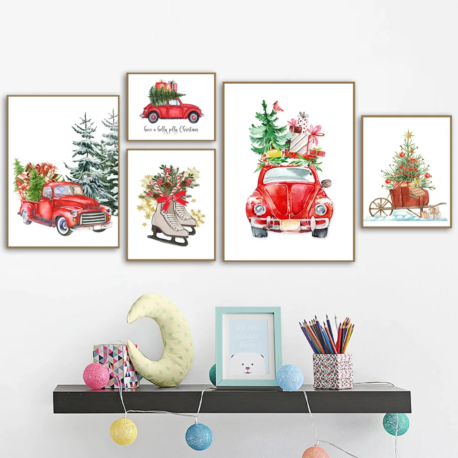 Merry Christmas Pine Tree Truck Car Gift Wall Art Canvas Painting Nordic Posters And Prints Wall Pictures For Living Room Decor