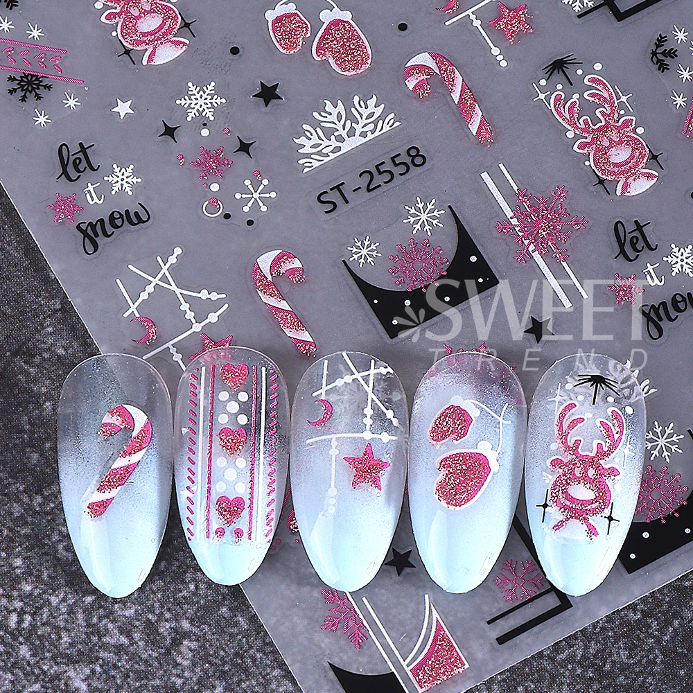 3/6개/세트 3D 크리스마스 네일 스티커 핑크 엘크 눈송이 리본 하트 네일 데칼 슬라이더 겨울 매니큐어 장식 네일 용품