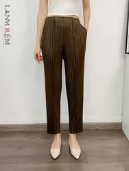 LANMREM Straight Pleated Pants For Women High Elastic Waist Casual Loose Trousers Female New Spring 2024 Clothing 2DA1022