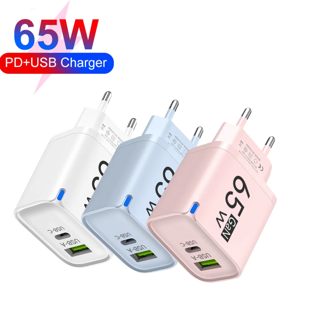 USB Type C GaN Charger 65W Fast Charging Phone Power Adapter For iPhone Samsung Xiaomi Oneplus Huawei Quick Charge Wall Charger