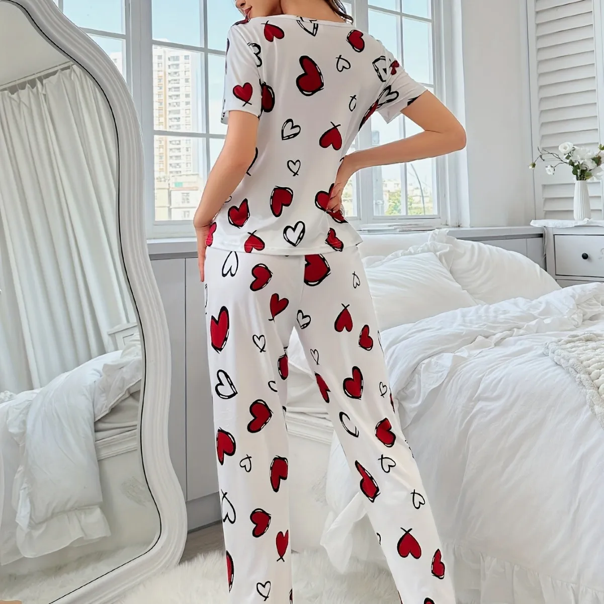 Pigiama da donna con pantaloni a maniche corte con amore stampato comodo pigiama alla moda casual per la casa