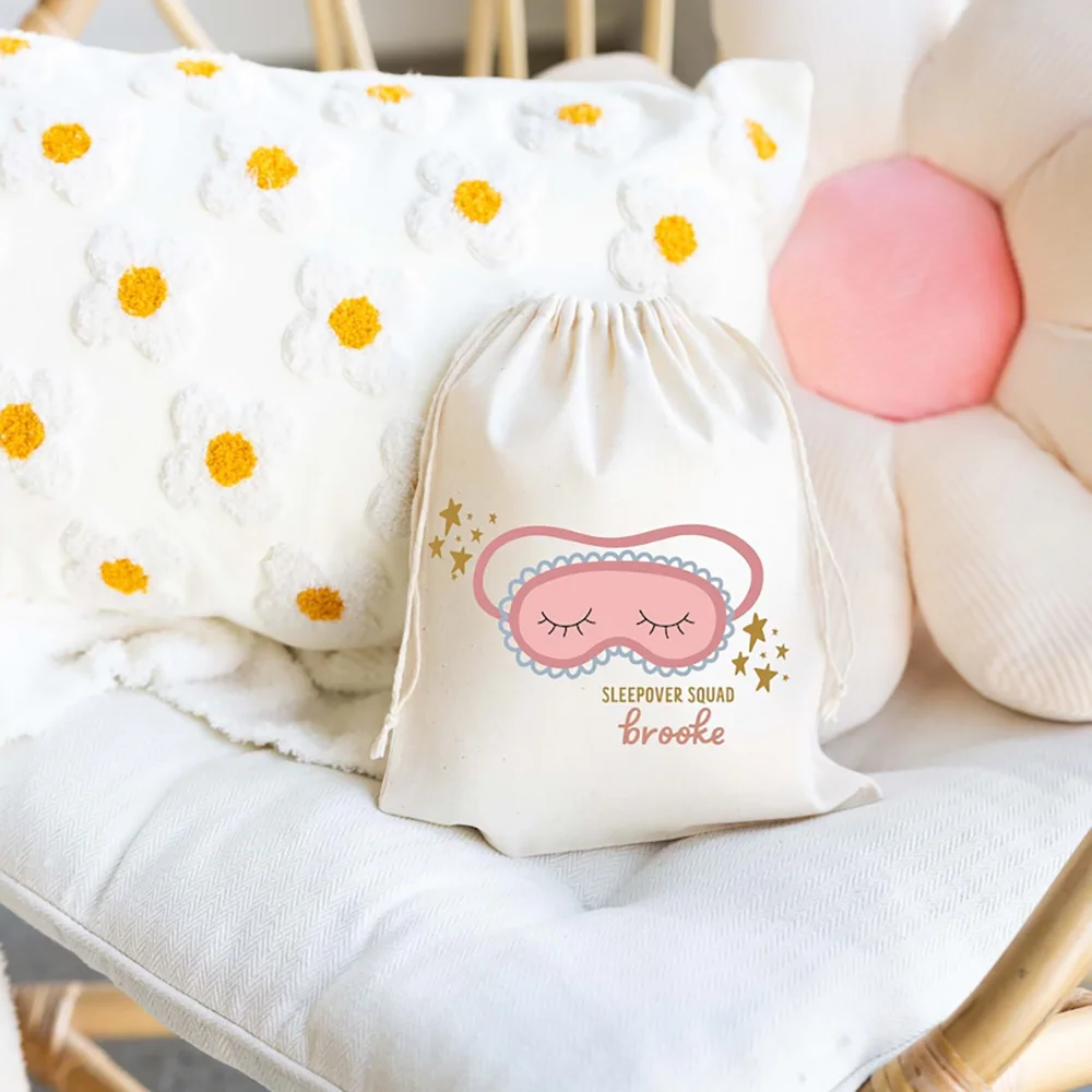 

Custom 4Pcs Sleepover Birthday Party Favor Bags Sleepover Squad Party Drawstring Goodie Bag Spa Birthday Favors Baby Shower Gift