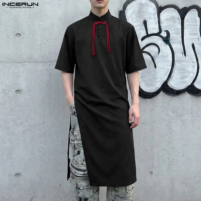 

INCERUN Men's Shirt Solid Color Stand Collar Short Sleeve Male Tops Summer Button Vintage 2026 Casual Long Style Shirts For Man
