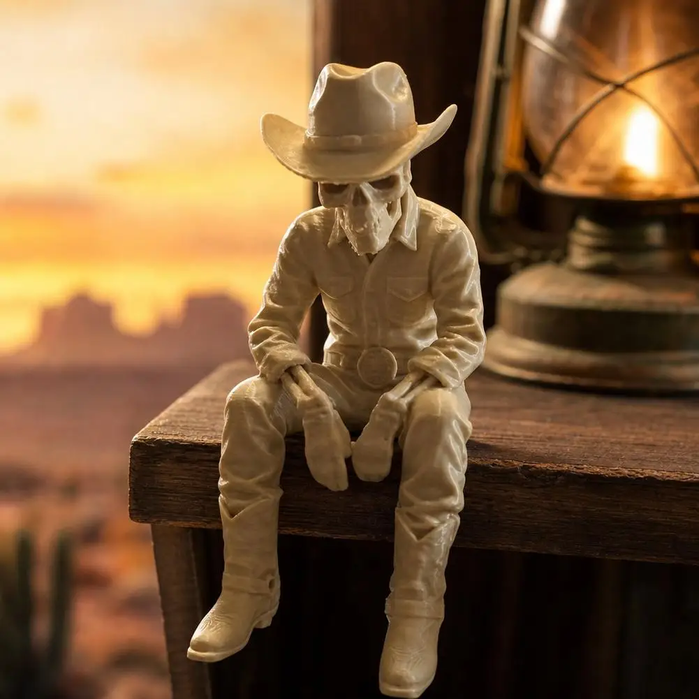 2027 Home Office Desktop Decoration Retro Western Cowboy Statue Sitting Posture Ornament Halloween Skull Design Character Gifts