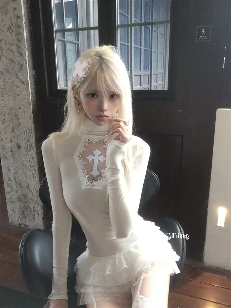 Kaus Y2k Lengan Panjang Silang Pakaian Anak Perempuan 2000S Seksi Berongga Kaus Wanita Atasan Punk Gotik Rok Kue Renda Manis Cuteore 2 Potong