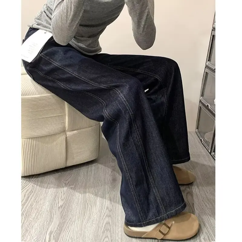 

Темно-синие широкие джинсы, женские свободные посадки, утягивающие прямые брюки с высокой талией, брюки в пол на высоком каблуке