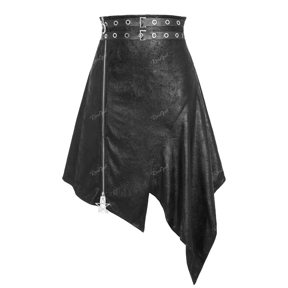 ROSEGAL Plus Size Asymmetrical Skirts Women Fashion Solid Color Loose Grommets Buckle PU Leather Moon Star Zipper Skirt Bottoms