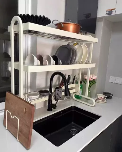 

‌Heavy Duty Kitchen Countertop Dish Drying Rack Dual Rod Ventilated Sink Organizer Instant Drain Utensil Holder Anti-Pooling