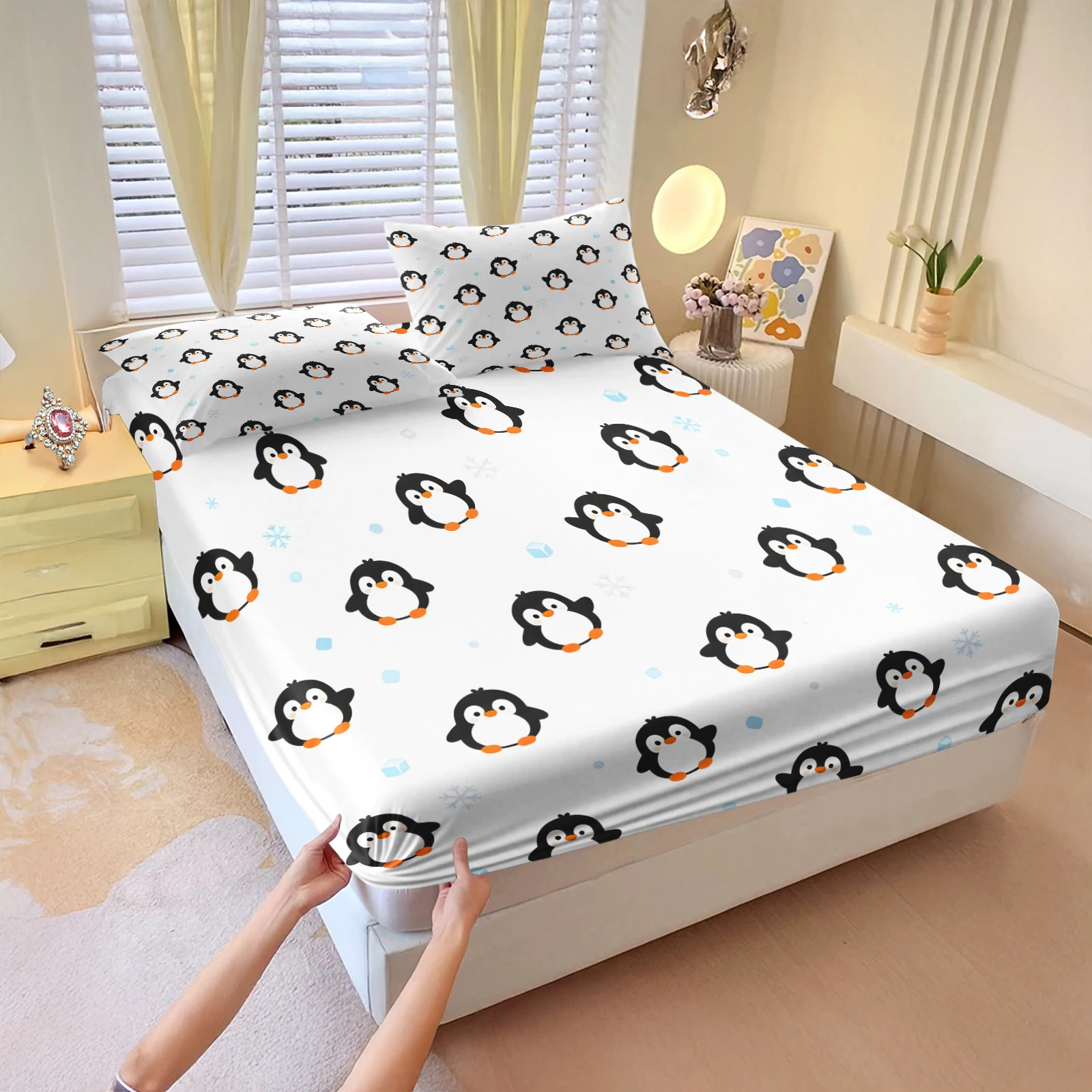 Cute Penguin Fitted Sheet Set Cartoon Penguin Snowflake Print Deep‑Pocket Mattress Cover Soft Polyester Elastic Bed Sheet Gift