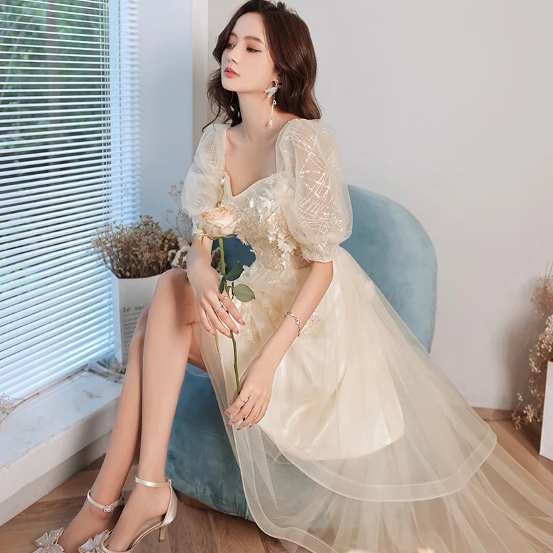 Customized Champagne Evening Dresses Fashion Short Front And Long Back Vestidos Wseet Classic Lace Applique Tulle Robe De Soiree