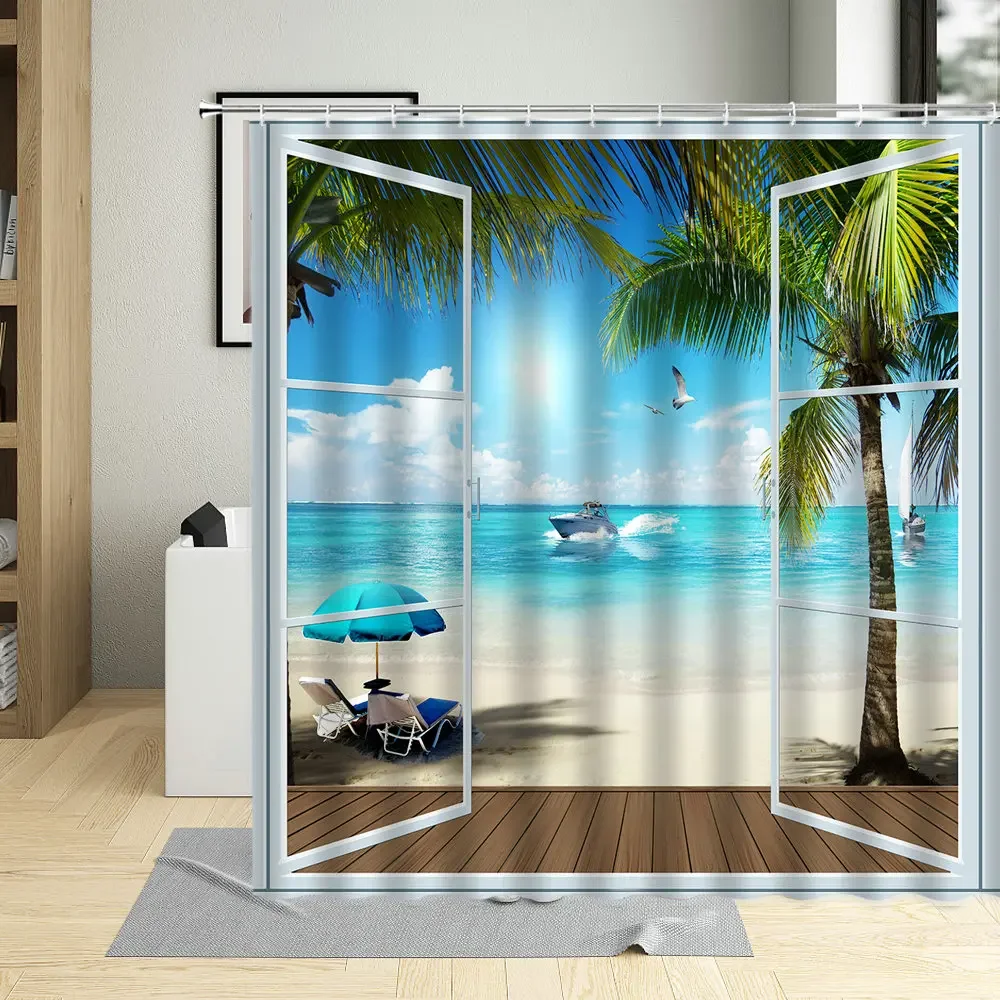 3D Window Beach Scenery Shower Curtain Palm Tree Sea Natural Landscape Bathroom Decor Polyester Cloth Hanging Curtains Sets