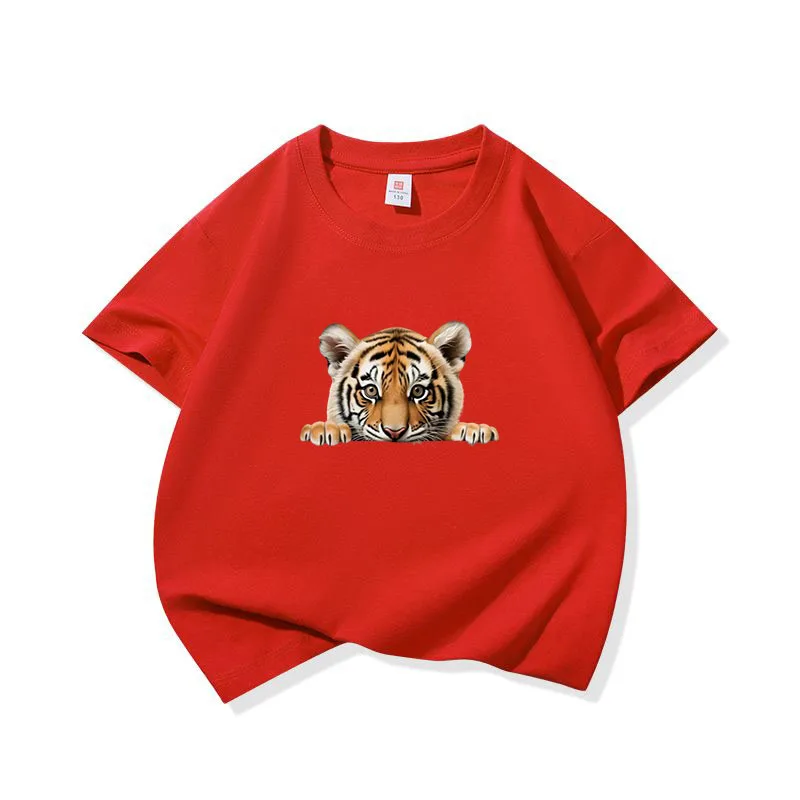Kids Cotton T Shirt Cute Peeking Tiger Cub Print Crew Neck Short Sleeve Tee Casual Breathable Girls Boys Summer Tops