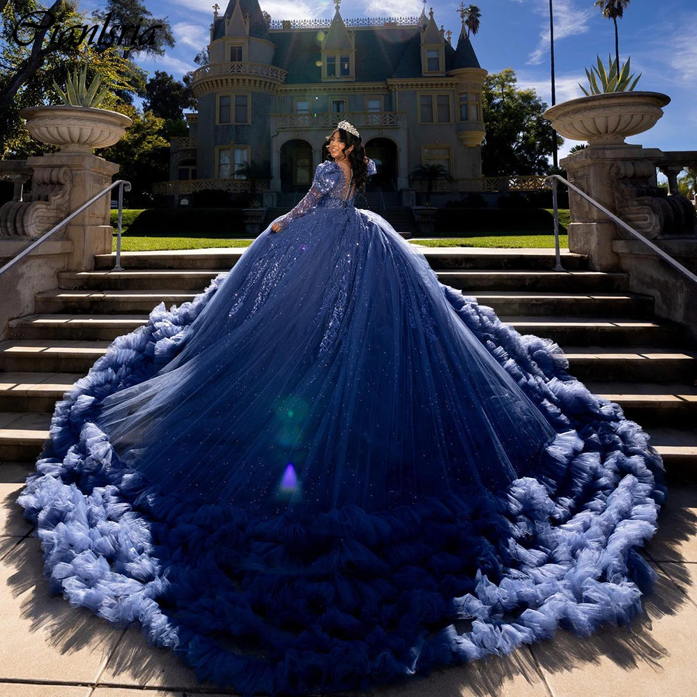 Vestido De baile plisado De tul escalonado, traje De Quinceañera De manga larga con apliques De lentejuelas, corsé De encaje, color azul marino, 15 Años