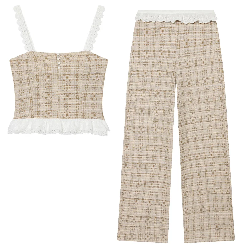 HXAO Textured Lace Pants Sets Women's Suit Elegant Slip Crop Sleeveless Button Top 2 Piece Set Baggy High Waist Trousers Outfits