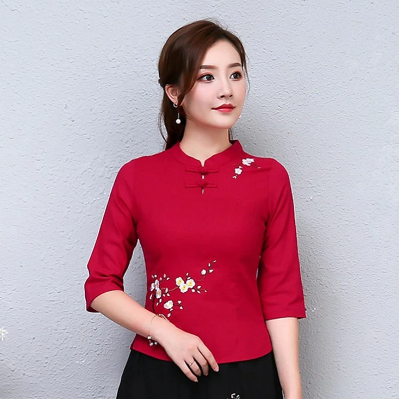 Ethnic Style Quartered Sleeve Cotton Linen Top Women's New Vintage Embroidery Waist Slim Fit Linen Cotton Mid-sleeve Shirt